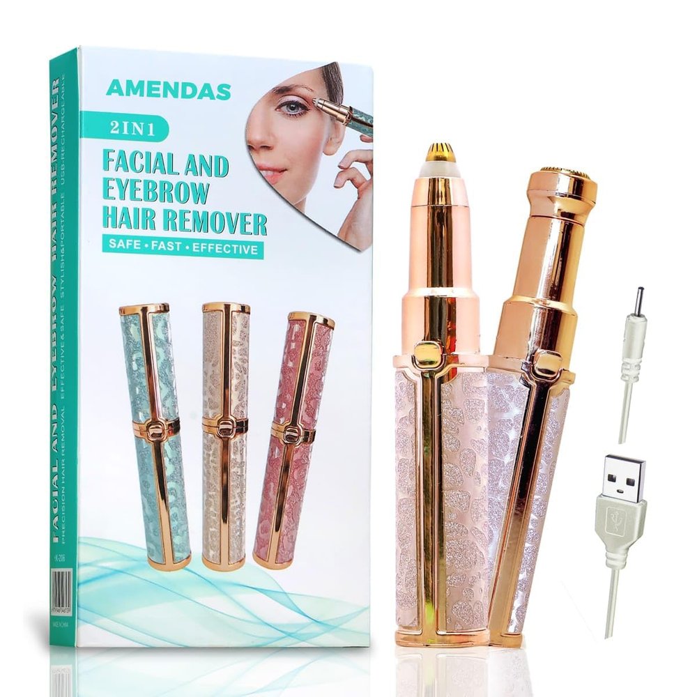 AMENDAS Eyebrow Trimmer for Women, 2 in 1 Rechargeable Facial Hair Remover For Women with Replaceable Heads, Professional Painless Personal Hair Removal Eyebrow Razor with Indicator Lights (NEW)