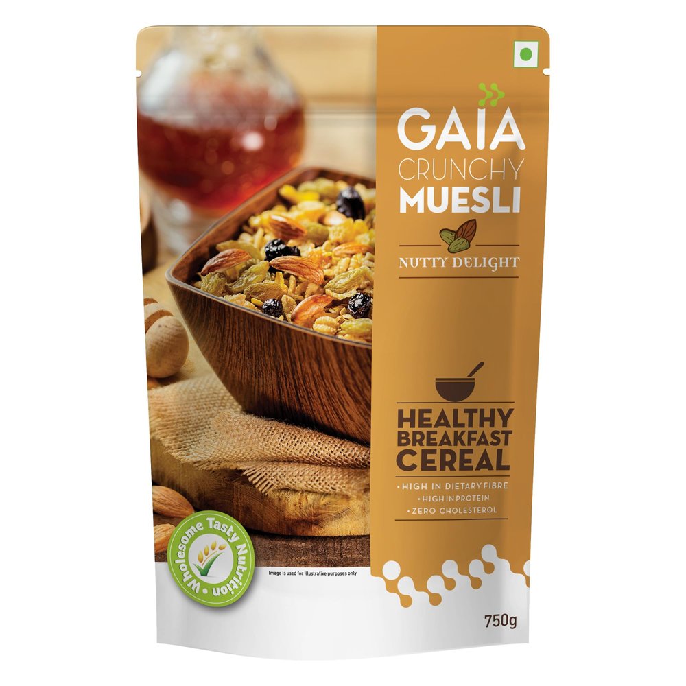 GAIA Nutty Delight Crunchy Muesli - A Perfect Blend of Multigrains, Nuts, Oats and Cornflakes The Ultimate Healthy and Delicious Breakfast Cereals. (750 GM)