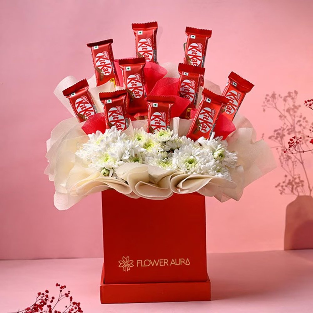 FlowerAura Decorative Fresh Live 2 Stems Of White Daisy With 10 Chocolate In Box For Valentine's Day Gift, Birthday Gift, Anniversary Gift, Mother's Day Gift & Women's Day Gift (Same Day Delivery)
