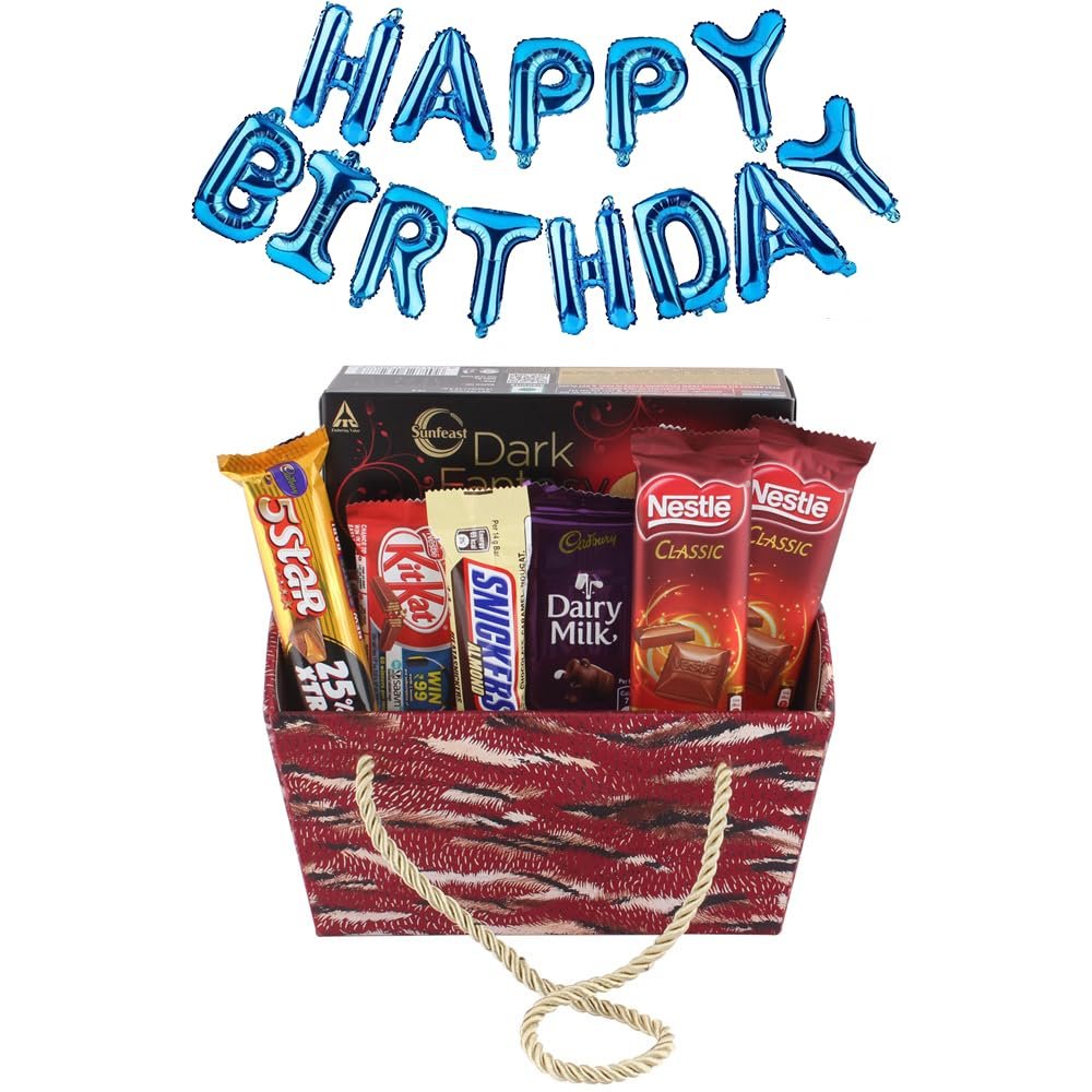 SFU E Com Almond Chocolates & Creamy Coockie Biscuits With Basket | Happy Birthday Foil Ballons Letters With Chocolate Gift Hamper | Birthda Chocolate Gift Combo | 788