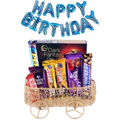 SFU E Com Chcolate Gift Pack With Metal Wire Basket | Happy Birthday Foil Ballons Letters With Chocolate Gift Hamper | Birthda Chocolate Gift Combo | 695