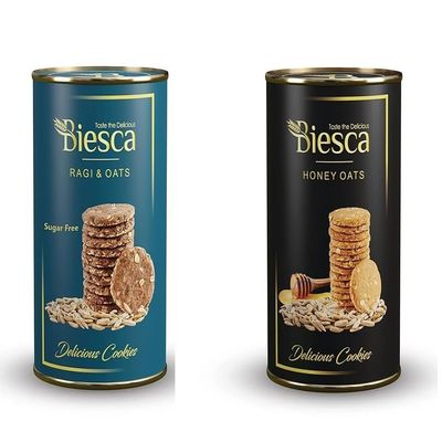 Biesca Premium Combo Pack of Ragi Oats Cookies 180gm and Honey Oats Cookie 185gm, Delicious and Crunchy, Handmade Biscuits with, Preservatives and Maida Free