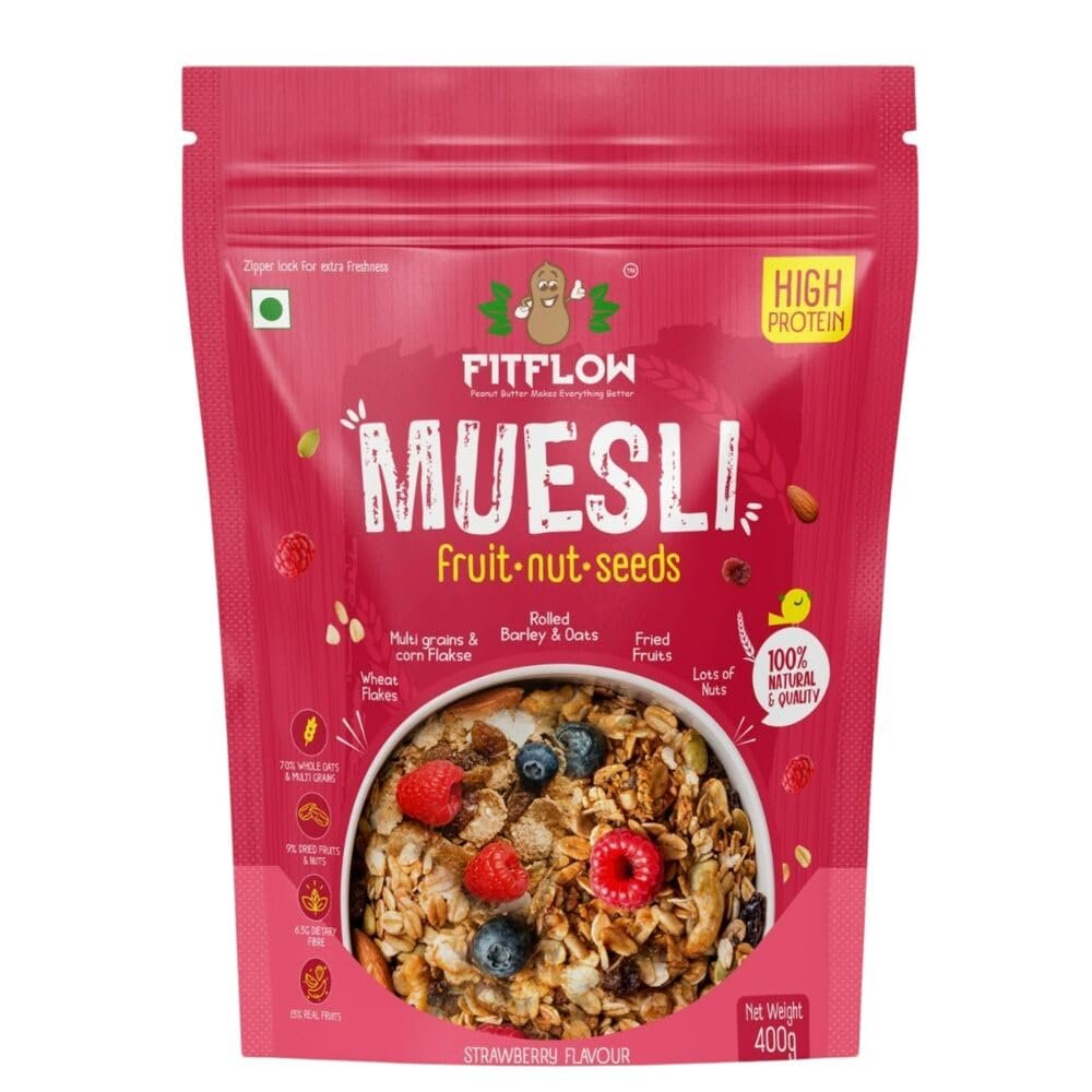 FITFLOW High Protein Fruits, Nuts & Seeds Muesli | No Added Sugar | High Fiber Pouch (400 g)