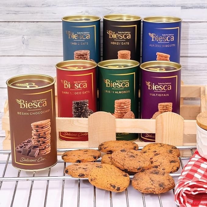 Biesca Assorted Handmade Cookies Flavor Crispy Almond, Multigrain, Honey Oats, Almond, Besan, Chocochip,Dark Chocolate, Ragi & Oats, Cranberry Biscotti, Dark Choco Oats, Sugar Free 10 | Get TOTE Bag Worth Rs 500 Free | 1675gm