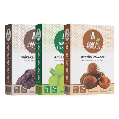 AMAN HERBALS - 100% Organic Amla Reetha (Aretha) Shikakai Powder for Hair, Hair cleanser,hair powder (3 Combo) 300gm