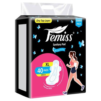 Femiss Soft & Rash Free Sanitary Pads for Women and Girls | Quick Absorption | Heavy Flow | Leakage-Proof | Skin Friendly Trifold pads (XL-Size, 290 MM, 40 PCS, Pack of 1)