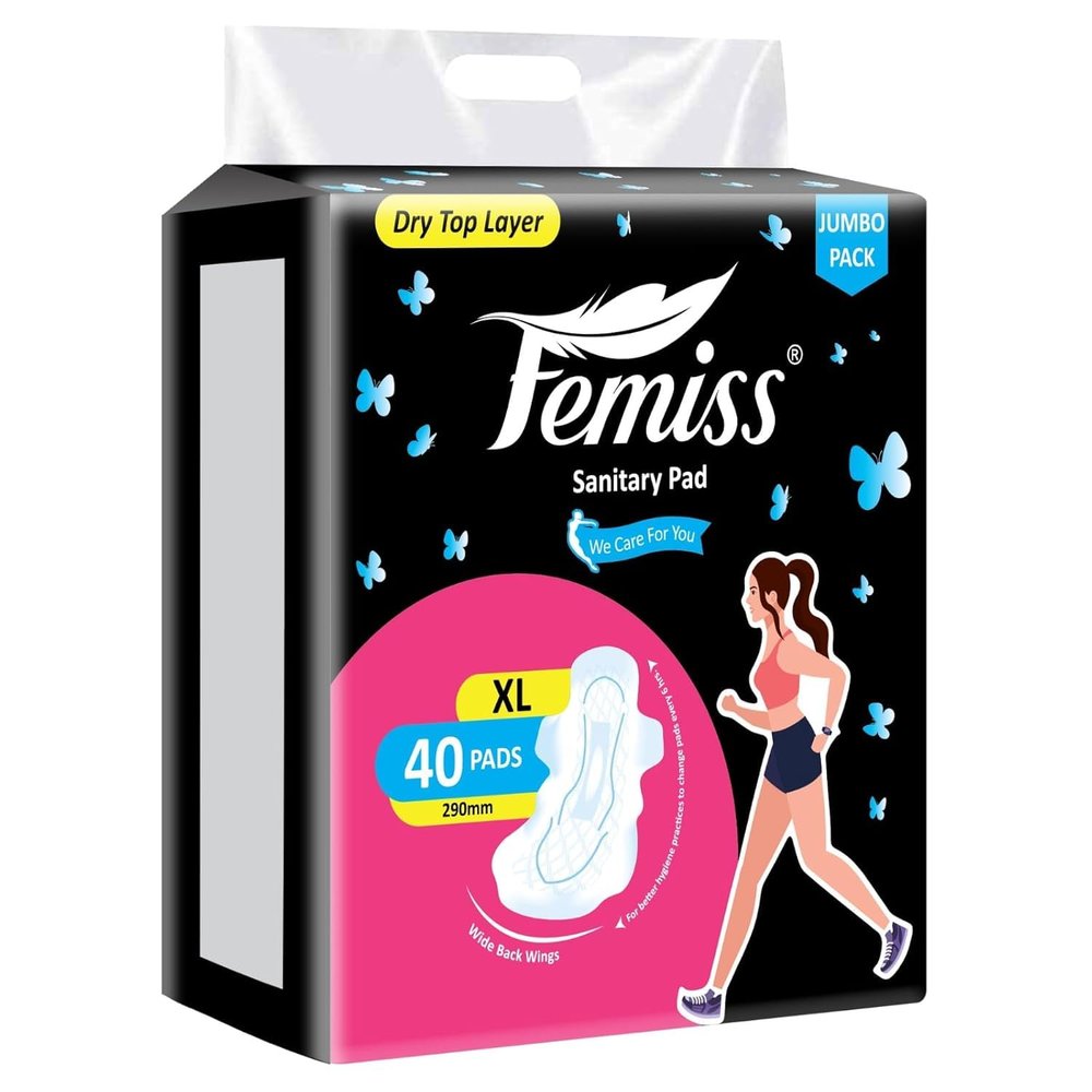 Femiss Soft & Rash Free Sanitary Pads for Women and Girls | Quick Absorption | Heavy Flow | Leakage-Proof | Skin Friendly Trifold pads (XL-Size, 290 MM, 40 PCS, Pack of 1)