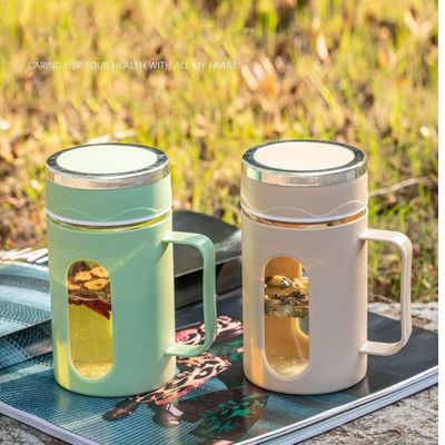 Aatison Glass Travel Coffee Cup with Cap & Handle | Double Layer | Inner Glass & Outer Plastic | Transparent Window