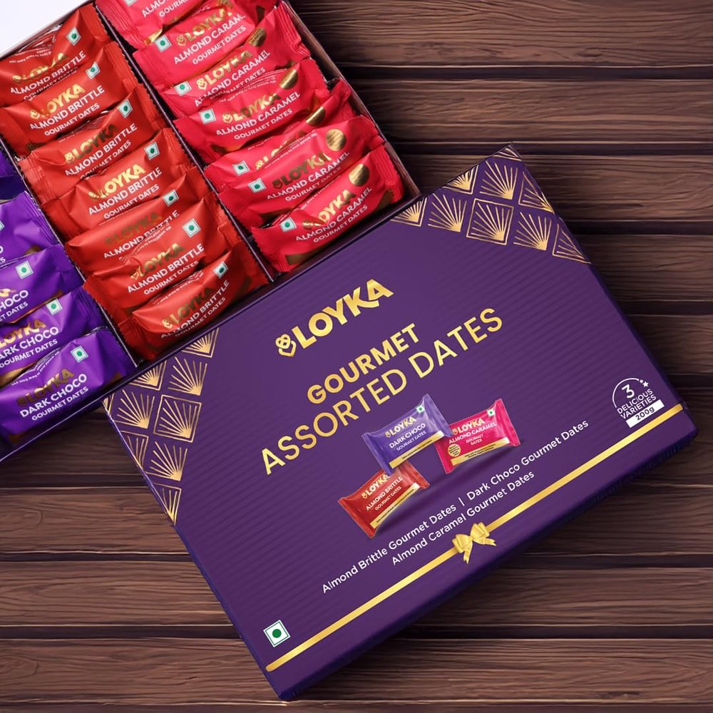 LOYKA Gourmet Dates/Khajoor Assorted - 21 pcs | Perfect For Birthday, Wedding & Anniversary Celebrations | Choco Khajoor Gift Hamper | Almond Brittle - Caramel Almond, 200 gram