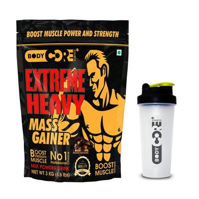 Body Core Science Extreme Heavy Mass Gainer-3kg| Heavy Weight Gainer| Mass Gainer (Belgium Chocolate, PO1+Shaker)
