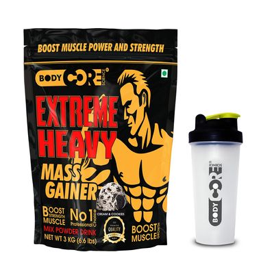 Body Core Science Extreme Heavy Mass Gainer-3kg| Heavy Weight Gainer| Mass Gainer (Cookies and Cream, PO1+Shaker)
