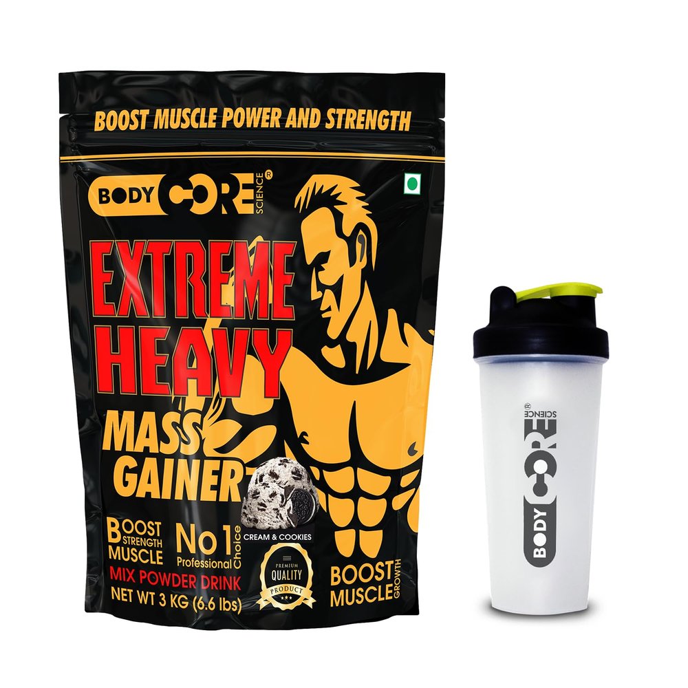 Body Core Science Extreme Heavy Mass Gainer-3kg| Heavy Weight Gainer| Mass Gainer (Cookies and Cream, PO1+Shaker)