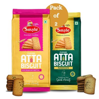 Smyle | Punjabi Atta Biscuits | 600GM Combo Offer (Shakkar+Namkeen) | Whole Wheat Biscuits | Healthy Digestive Atta Cookies | Net Weight 300G Per Tray (Pack Of 2 Trays)