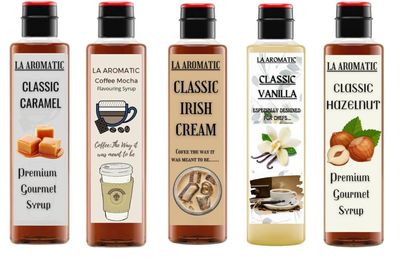 La Aromatic All Exotic Coffee Syrups Combo of 5 flavours (Hazelnut,Virgin Vanilla,Irish Cream,Caramel,Coffee Mocha)-100ml Each/Perfect for Travel Kit bag/Coffee and Shakes Syrups