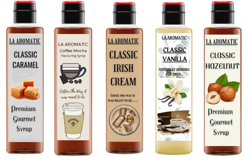 La Aromatic All Exotic Coffee Syrups Combo of 5 flavours (Hazelnut,Virgin Vanilla,Irish Cream,Caramel,Coffee Mocha)-100ml Each/Perfect for Travel Kit bag/Coffee and Shakes Syrups