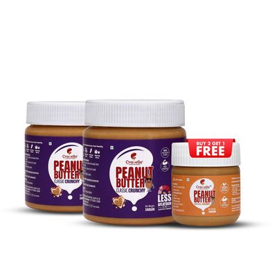 CRAVELLO Pure Classic Crunchy Peanut Butter 340g With Free 100g Natural Creamy Peanut Butter | 30% Protein, Gluten & Cholesterol Free | Healthy & Tasty Nut Butter, High in Protein Spread, 100% Pure Roasted Peanuts Butter | Pack of 3