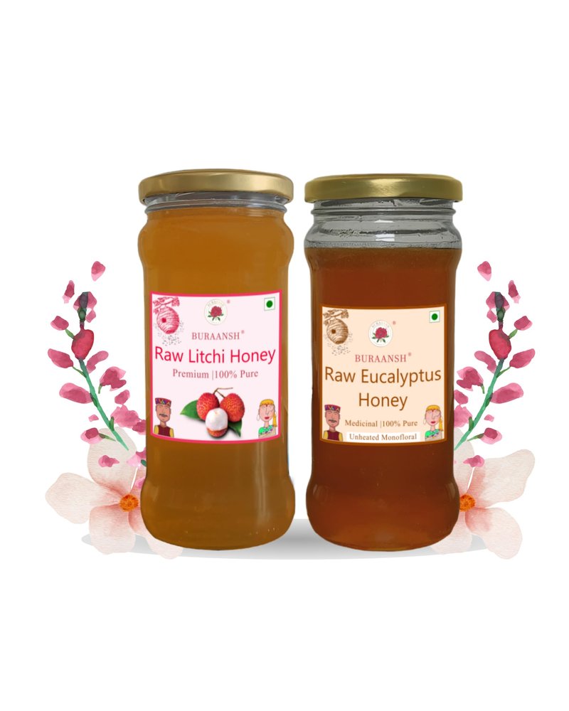 BURAANSH Litchi Honey 270g & Eucalyptus Honey 270g- Unprocessed, Unheated 100% Pure & Natural Raw Honey | No Added Sugar | Quick Energy Boost, Relieves Cough, Soothes Sore Throat (Combo Pack)