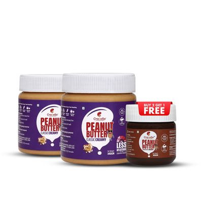 CRAVELLO Pure Classic Creamy Peanut Butter 340g With Free 100g Chocolate Creamy Peanut Butter | 30% Protein, Gluten & Cholesterol Free | Healthy & Tasty Nut Butter, High in Protein Spread, 100% Pure Roasted Peanuts Butter | Pack of 3