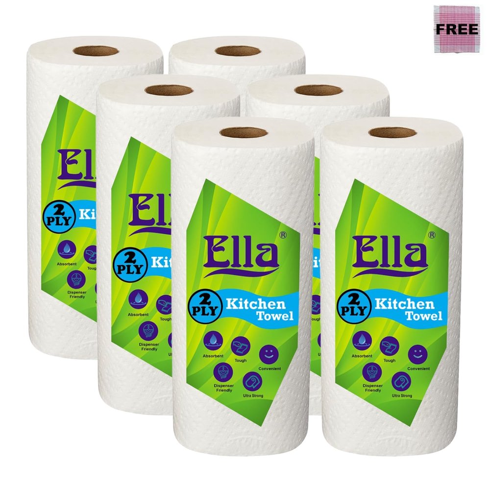 Ella 2 Ply Kitchen Tissue/Towel Paper Roll soft and highly absorbent - 6 Rolls (60 Pulls Per Roll 360 Sheets)