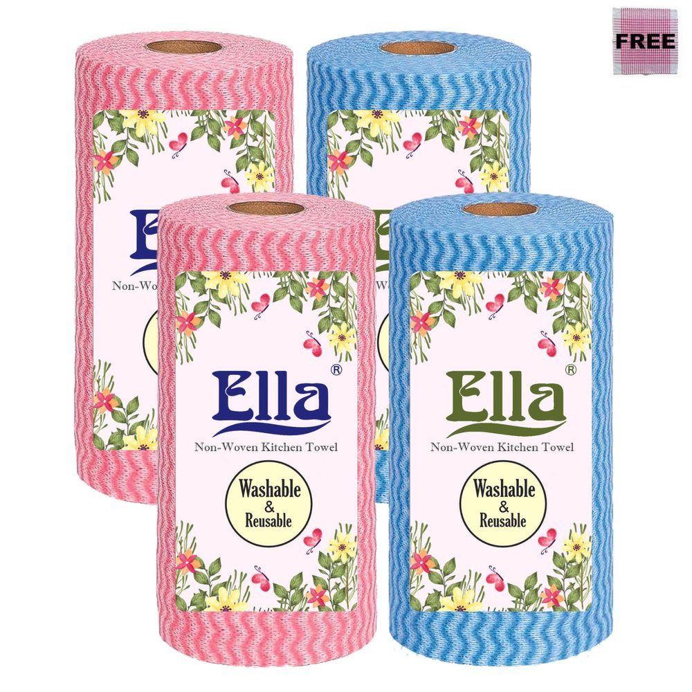Ella Kitchen Tissue Towel Roll Napkins I Reusable Non Woven Eco Friendly I Pack of 4 I 80 Pulls Per Roll I 320 Sheets Total I Free Check Duster Cloth