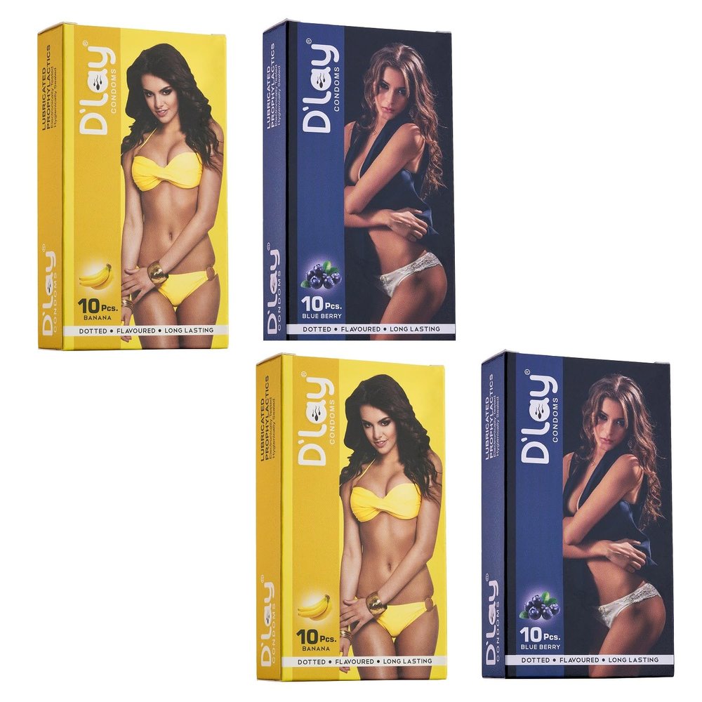 D'lay Dotted Real Feel Condoms for Men | Ultra Soft for Extra Pleasure and Satisfaction | Long Lasted, Lubricated | Banana,Blueberry Flavour Condoms - 10 (Pack of 4)