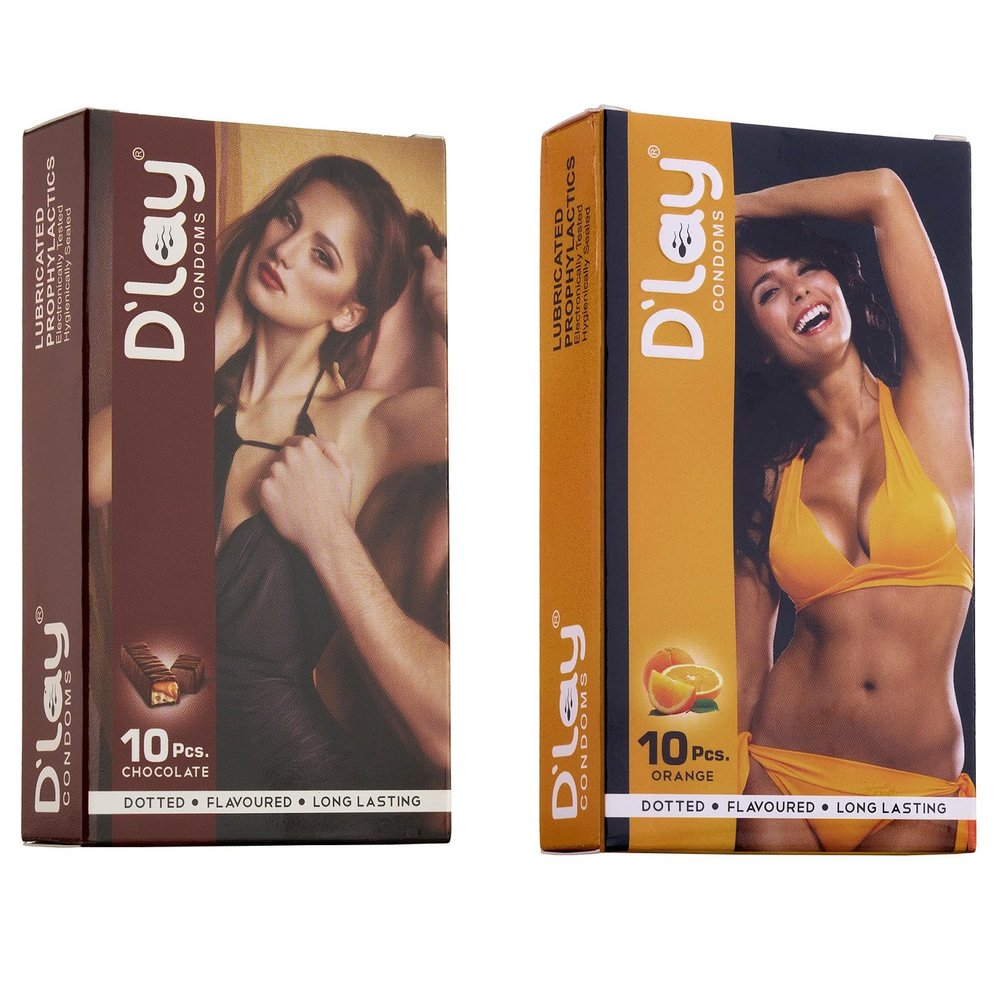 D'lay Dotted Real Feel Condoms for Men | Ultra Soft for Extra Pleasure and satisfaction | Long Lasted, Lubricated | Chocolate, Orange Flavour Condoms - 10 (Pack of 2)