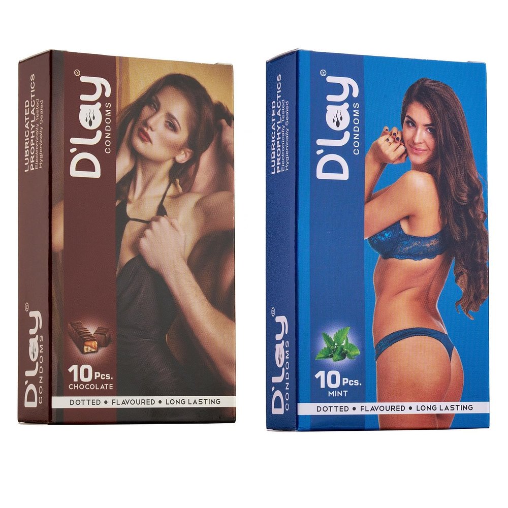 D'lay Dotted Real Feel Condoms for Men | Ultra Soft | For Extra Pleasure and satisfaction | Long Lasted, Lubricated | Chocolate,Mint Flavour Condoms - 10 (Pack of 2)