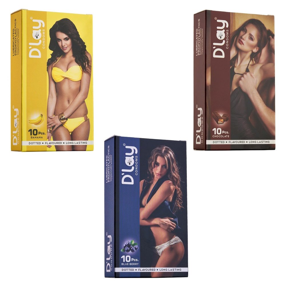 D'lay Dotted Real Feel Condoms for Men | Ultra Soft | For Extra Pleasure and satisfaction | Long Lasted, Lubricated | Banana,Blueberry,Chocolate Flavour Condoms - 10 (Pack of 3)