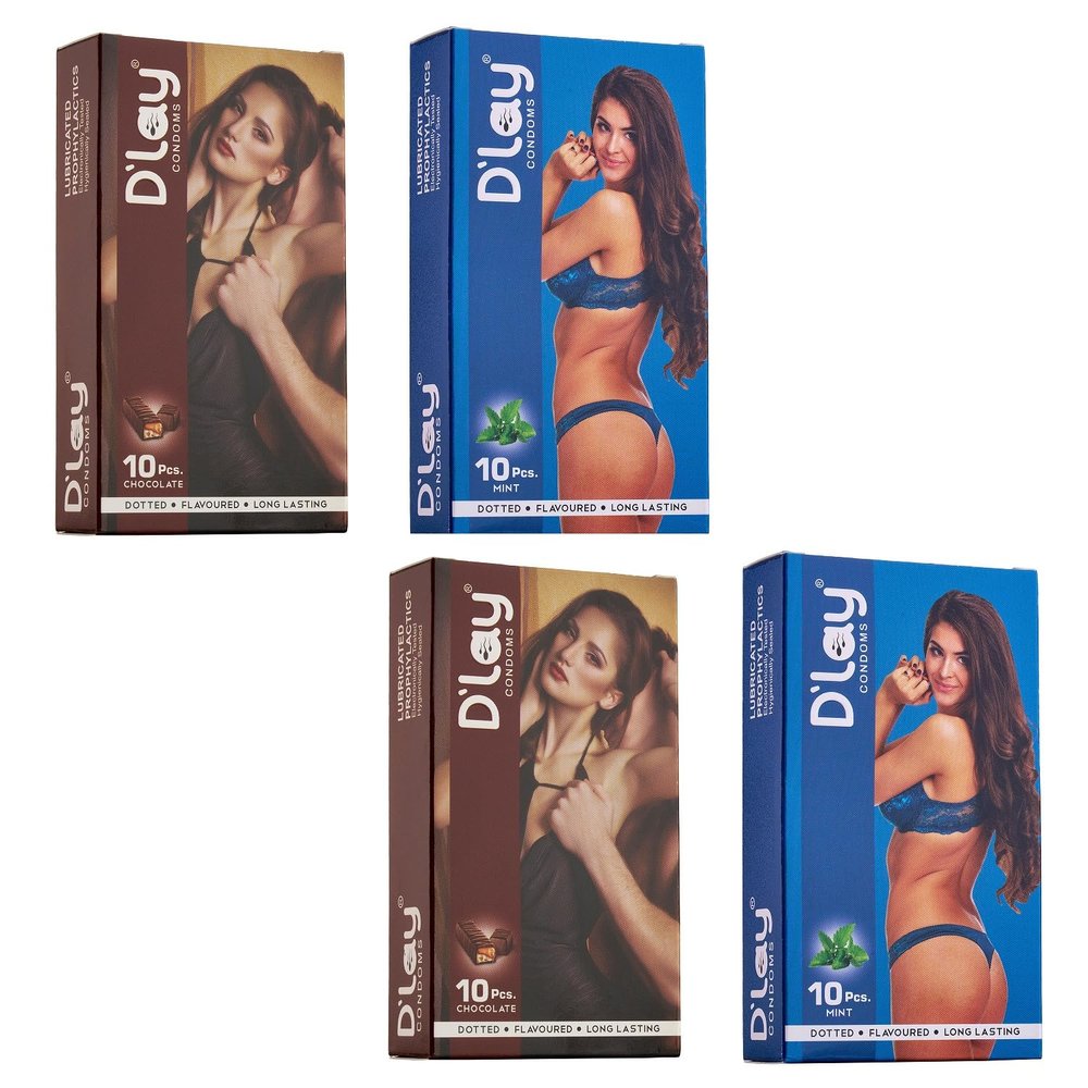 D'lay Dotted Real Feel Condoms for Men | Ultra Soft | For Extra Pleasure and satisfaction | Long Lasted, Lubricated | Chocolate,Mint Flavour Condoms - 10 (Pack of 4)