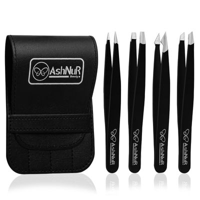 ASHNUR Beauty Eyebrow Tweezers Set - Premium 4-in-1 Stainless Steel Tweezers for Eyebrows - Great Precision Grooming for Facial Hair, Splinter and Ingrown Hair Removal (Black).