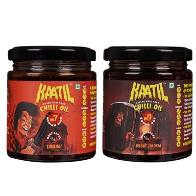 Kaatil Hot Chilli Oil Combo 79 | Made with authentic Lavangi, Bhoot Jolokia chillies | Dip, Drizzle, Spread, Marinade, Coat, Saute, Stir-fry | Flavourful Heat | Made in India | Vegan | 340 GMs