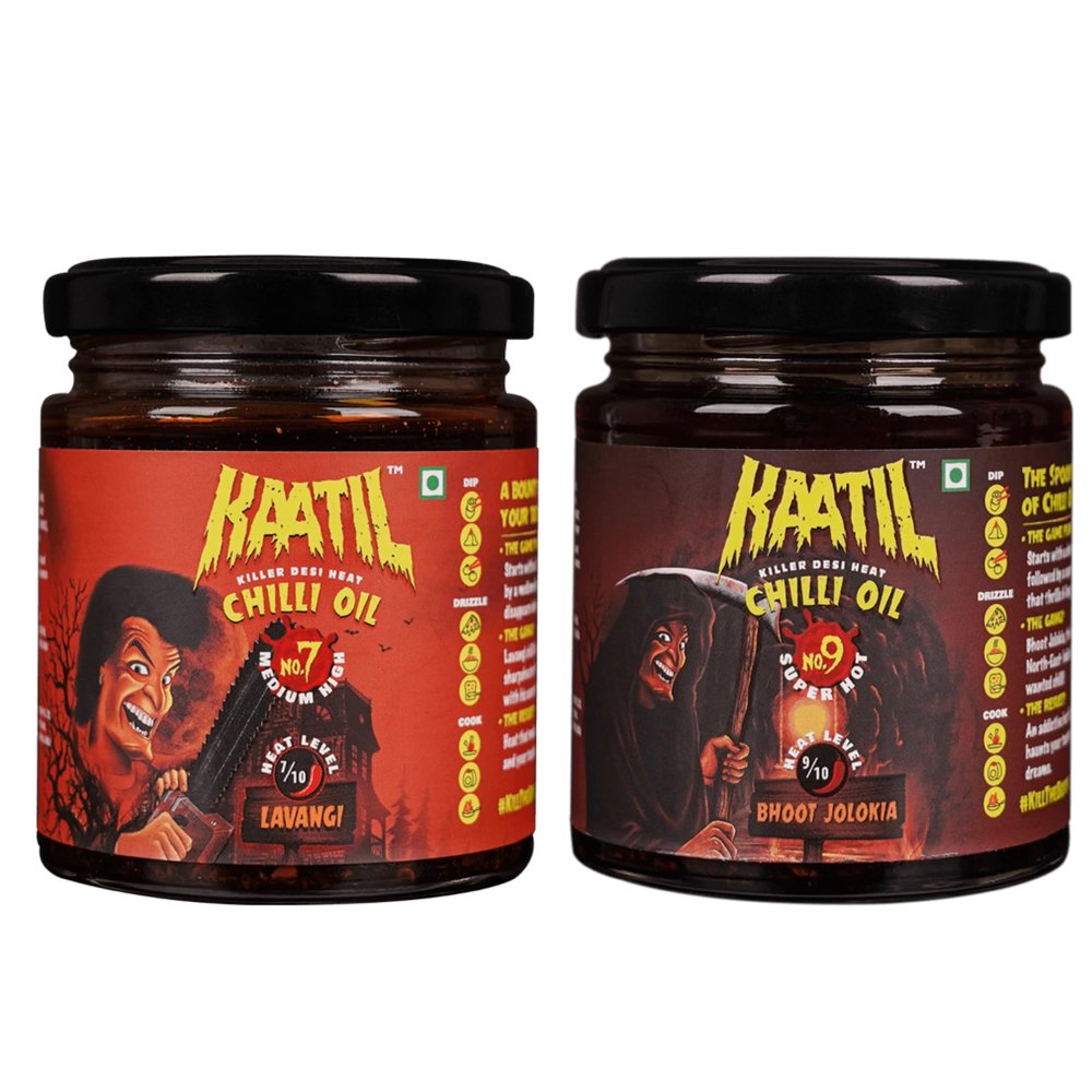 Kaatil Hot Chilli Oil Combo 79 | Made with authentic Lavangi, Bhoot Jolokia chillies | Dip, Drizzle, Spread, Marinade, Coat, Saute, Stir-fry | Flavourful Heat | Made in India | Vegan | 340 GMs