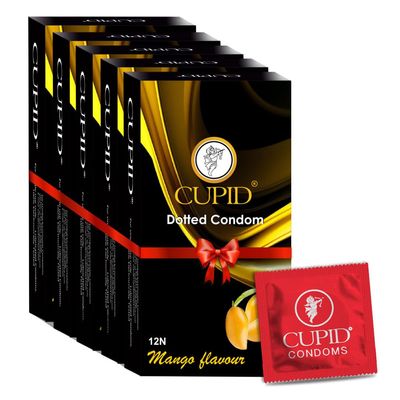 Cupid Dotted & Flavoured Condoms Mango Flavour (Pack of 5) | Lubricated & Multitextured Condoms | For Her Enhanced Pleasure | Pack of 5, 12 Pcs Each