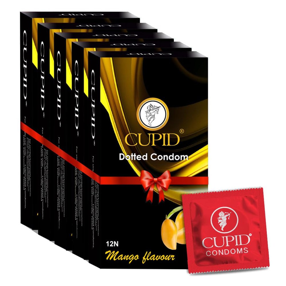 Cupid Dotted & Flavoured Condoms Mango Flavour (Pack of 5) | Lubricated & Multitextured Condoms | For Her Enhanced Pleasure | Pack of 5, 12 Pcs Each