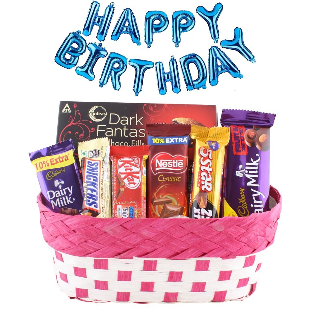 SFU E Com Beautiful Chocolate Gift Hamper With Basket | Happy Birthday Foil Ballons Letters With Chocolate Gift Hamper | Birthda Chocolate Gift Combo | 469