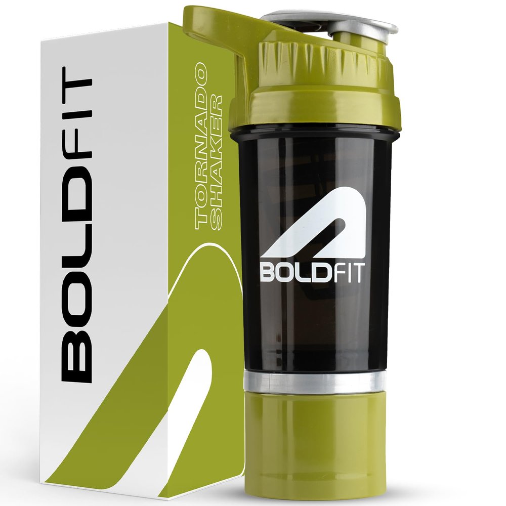 Boldfit Gym Shaker For Protein Shake Leakproof Shaker Bottles For Supplements With Extra Compartment, Pre-Workout & BCAA, Protein Shake Bottle, Gym Bottle For Men And Women Black Green - 500 ml