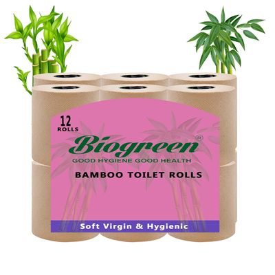 Biogreen Bamboo 2-Ply Toilet Paper Roll 235 Pulls Each Pack of 12, 100% Natural, Unbleached and Eco-Friendly Tissue Papers