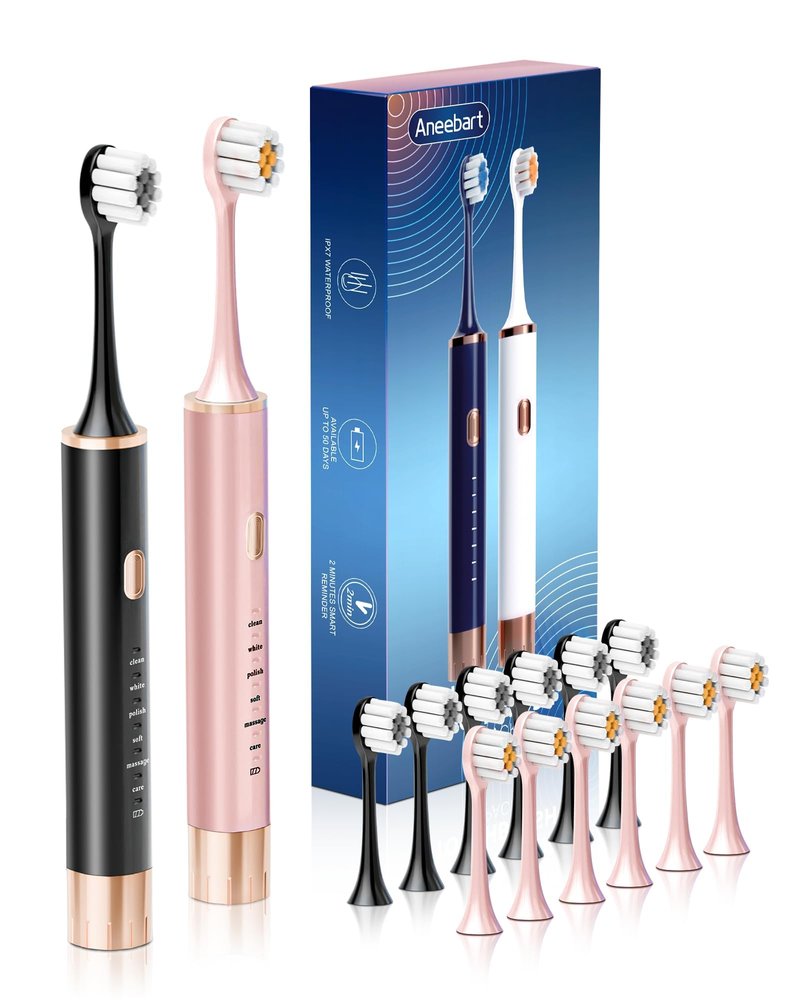 Aneebart Black & Pink Electric Toothbrush for Adults, 2 Pack ToothbrushUSB Rechargeable Sonic Toothbrush with 12 Brush Heads, Smart Timer, 6 Modes, 2-Hour Fast Charge Last 30 Days
