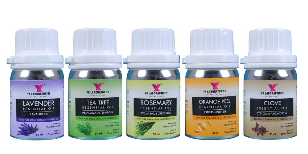 YK Laboratories Essential Oil Set 100% Pure & Natural, Therapeutic Grade - Lavender Oil | Tea Tree Oil | Rosemary Oil | Orange Oil | Clove Oil - 50ml Each (Pack of 5)