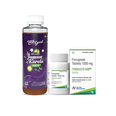 Diabetic care combo - Taste Good Karela Jamun Juice (500ML) | Trigotab Fenugreek Extract Seed Powder Tablets (60 Tabs).
