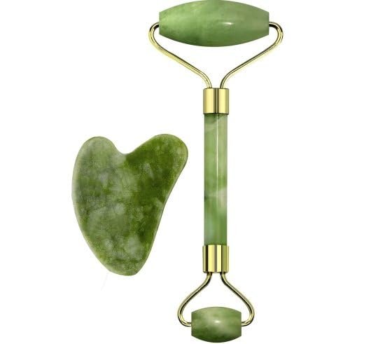 Marble Jade roller Face Massager Double Rollers Antiaging Face Eye Neck Foot Massage Tool Stimulating Blood Flow (Green)