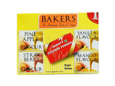 BAKERS Variety Custard Powder | Contains No Eggs |Pineapple, Vanilla, Strawberry, Mango | Long Shelf Life | Thick and Pulpy | Pack of 6 (100 gm x 6)