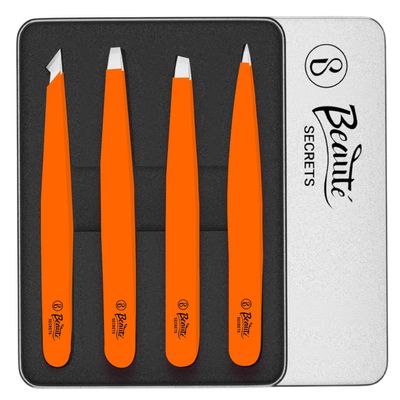 Beaut Secrets Luxury Tweezers Set - Professional Stainless Steel Precision Tweezers for Eyebrows, Facial Hair, Ingrown Hair, Splinters (Orange)