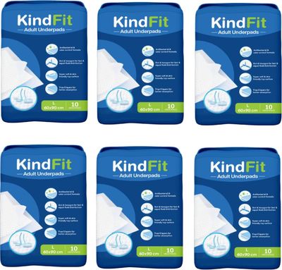 Kindfit Disposable Adult Underpads, Large (60x90 cm) Super Absorbent Polymer, Leak-Proof & Non-Slip Bedwetting & Incontinence Protection for Hospitals & Home Care Pack of 6
