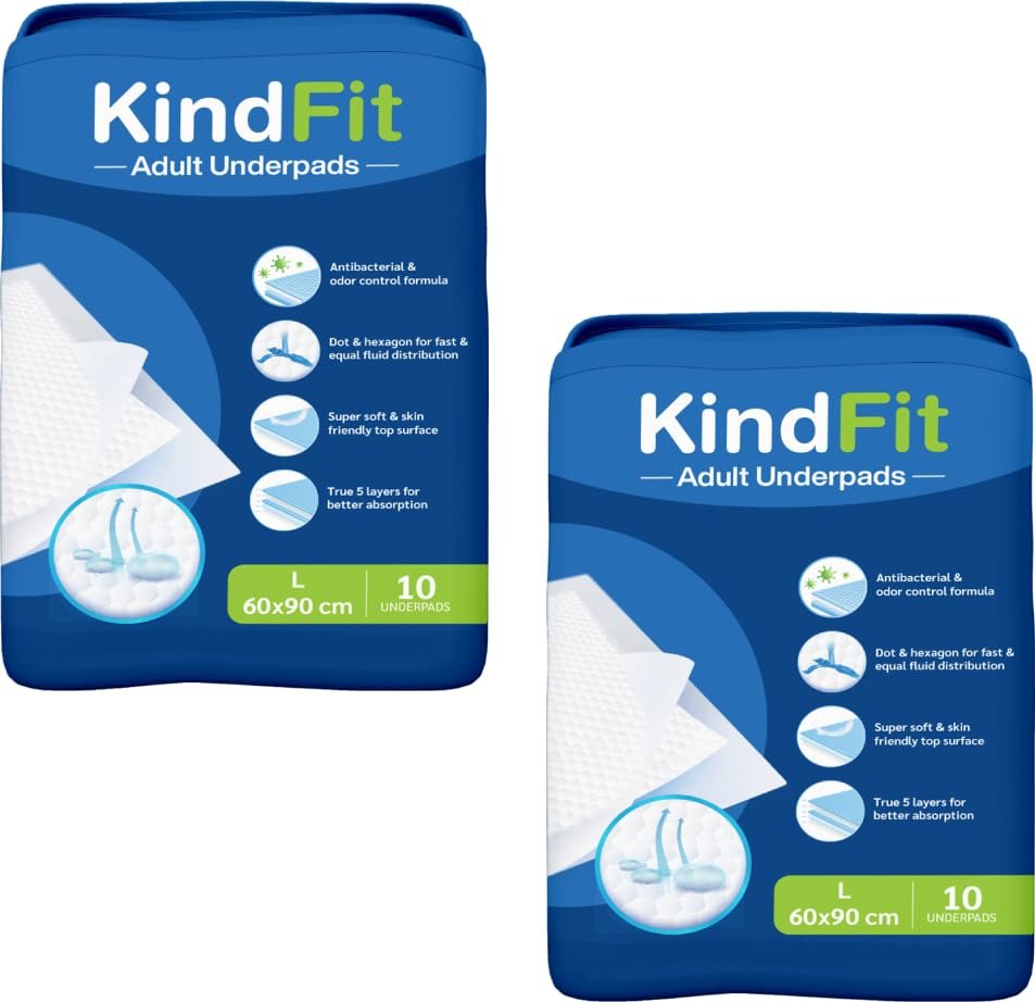 Kindfit Disposable Adult Underpads, Large (60x90 cm) Super Absorbent Polymer, Leak-Proof & Non-Slip Bedwetting & Incontinence Protection for Hospitals & Home Care Pack of 2