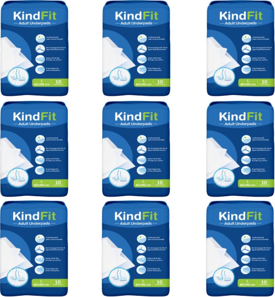 Kindfit Disposable Adult Underpads, Large (60x90 cm) Super Absorbent Polymer, Leak-Proof & Non-Slip Bedwetting & Incontinence Protection for Hospitals & Home Care Pack of 9
