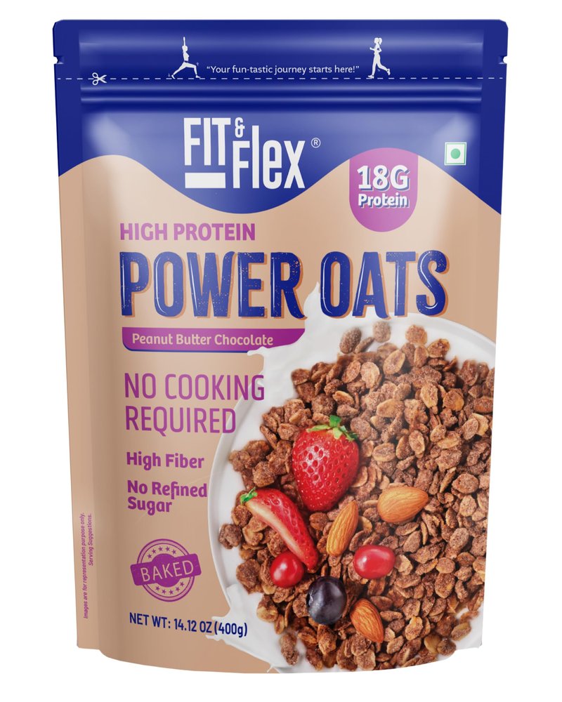 FIT & FLEX High Protein Oats, Peanut Butter Chocolate, 400g, Zero Refined Sugar, Ready To Eat, Gluten Free & Preservative Free - As Seen on Shark Tank India