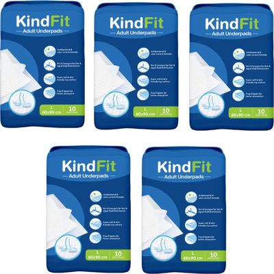 Kindfit Premium Underpads, Large (90x60cm) I 10 hrs Absorption Protection I 50 Units I Waterproof I Protects Surfaces from Incontinence I Super Soft Polymer | Pack of 5