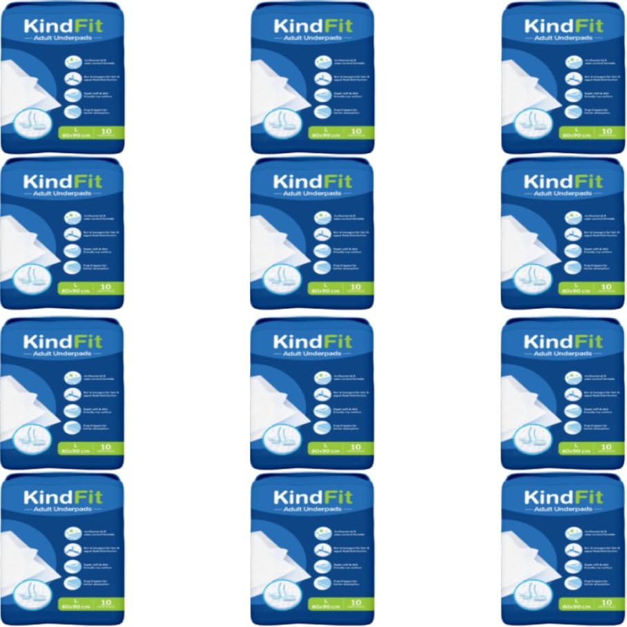 Kindfit Premium Underpads, Large (60x90cm) I 10 hrs Absorption Protection I 120 Units I Waterproof I Protects Surfaces from Incontinence I Super Soft Polymer | Pack of 12