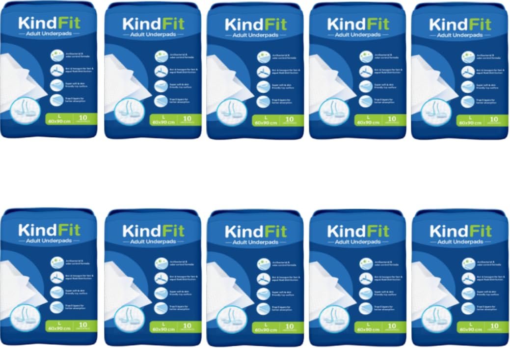 Kindfit Disposable Adult Underpads, Large (60x90 cm)  Super Absorbent Polymer, Leak-Proof & Non-Slip  Bedwetting & Incontinence Protection for Hospitals & Home Care  Pack of 10